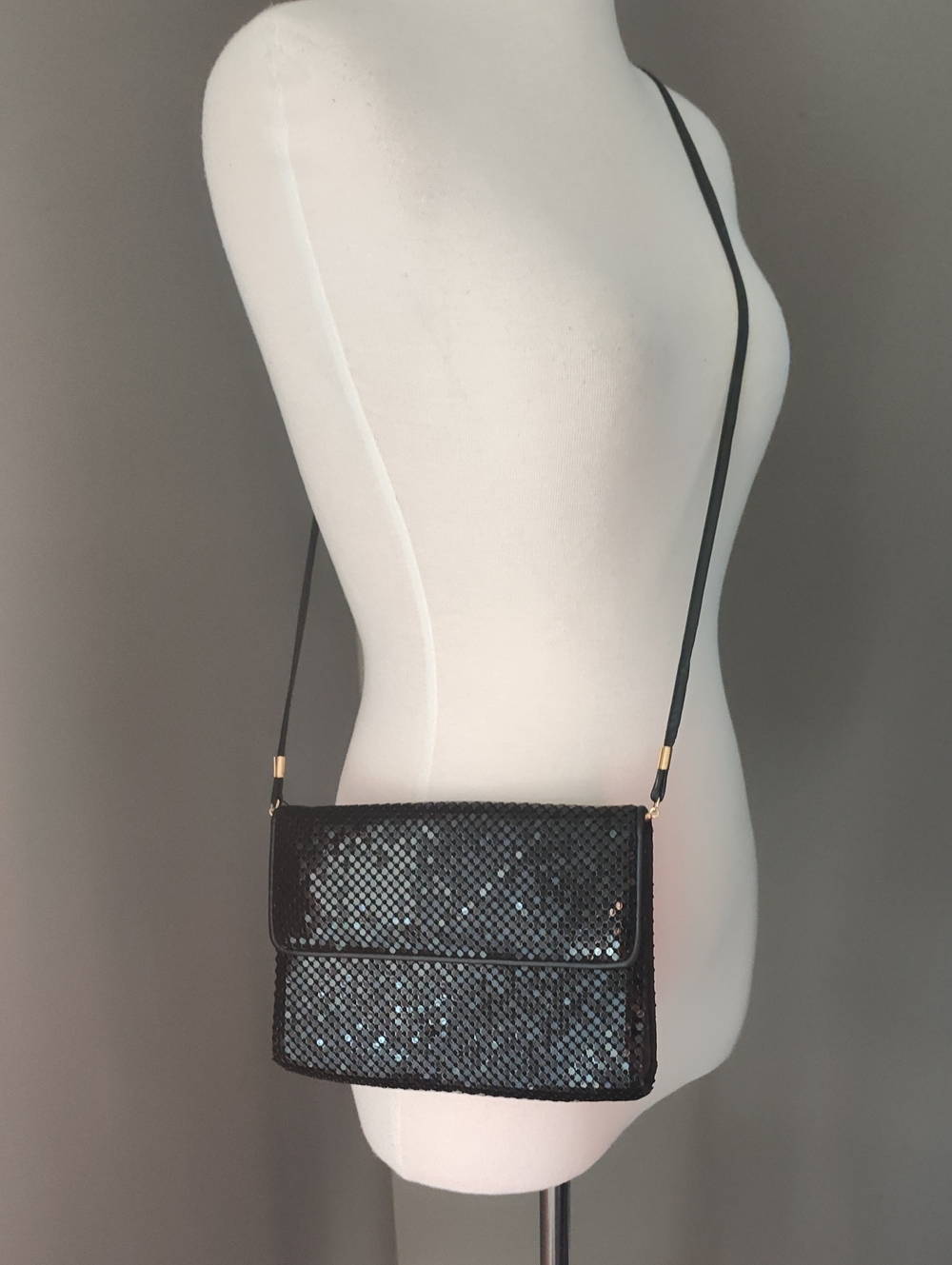 Whiting & Davis Black Metal Sequin Crossbody Bag with Gold Accents